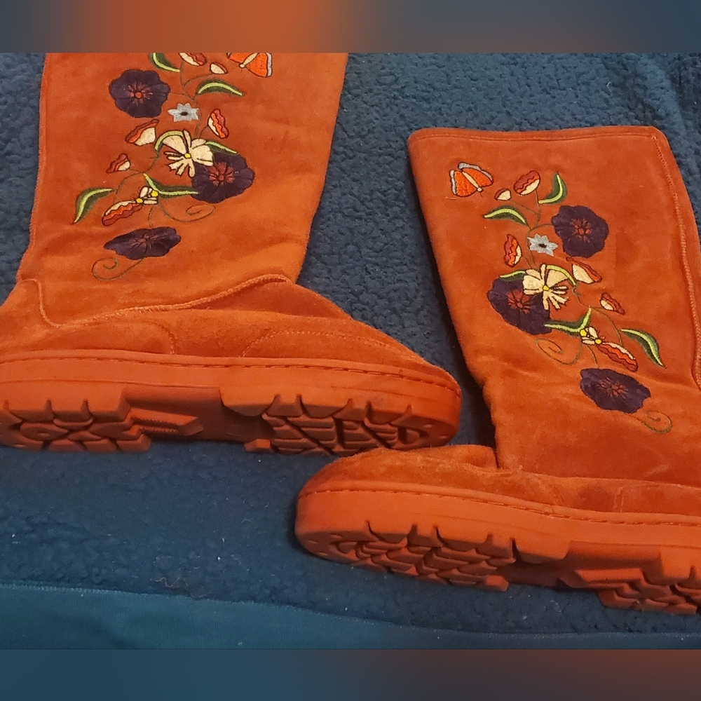 Red Floral Sewn Boots with Butterflies has White Cotton Liner